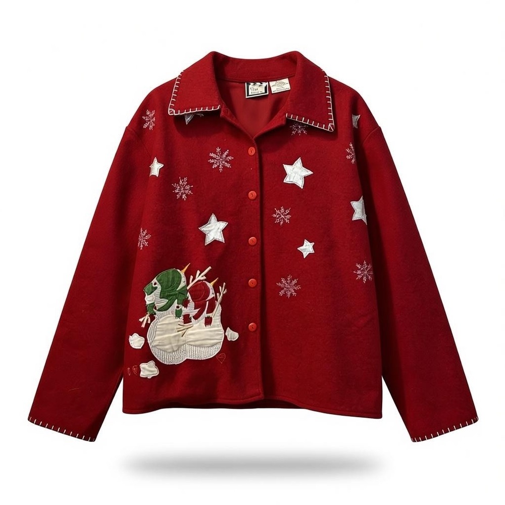 Vintage Womens Red Wool Blend Snowman Cardigan Jacket Blanket Stitch Take Two LG